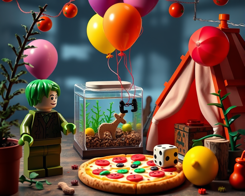 lego, balloon, fish tank, tent, pizza, gingerbread, dice, frankenstein, lemon, joker